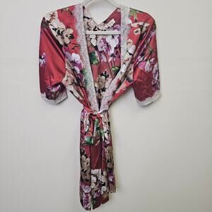 POL Lace Trim Floral Kimono Robe Belted Maroon Red Boho Cardigan M Knee Length